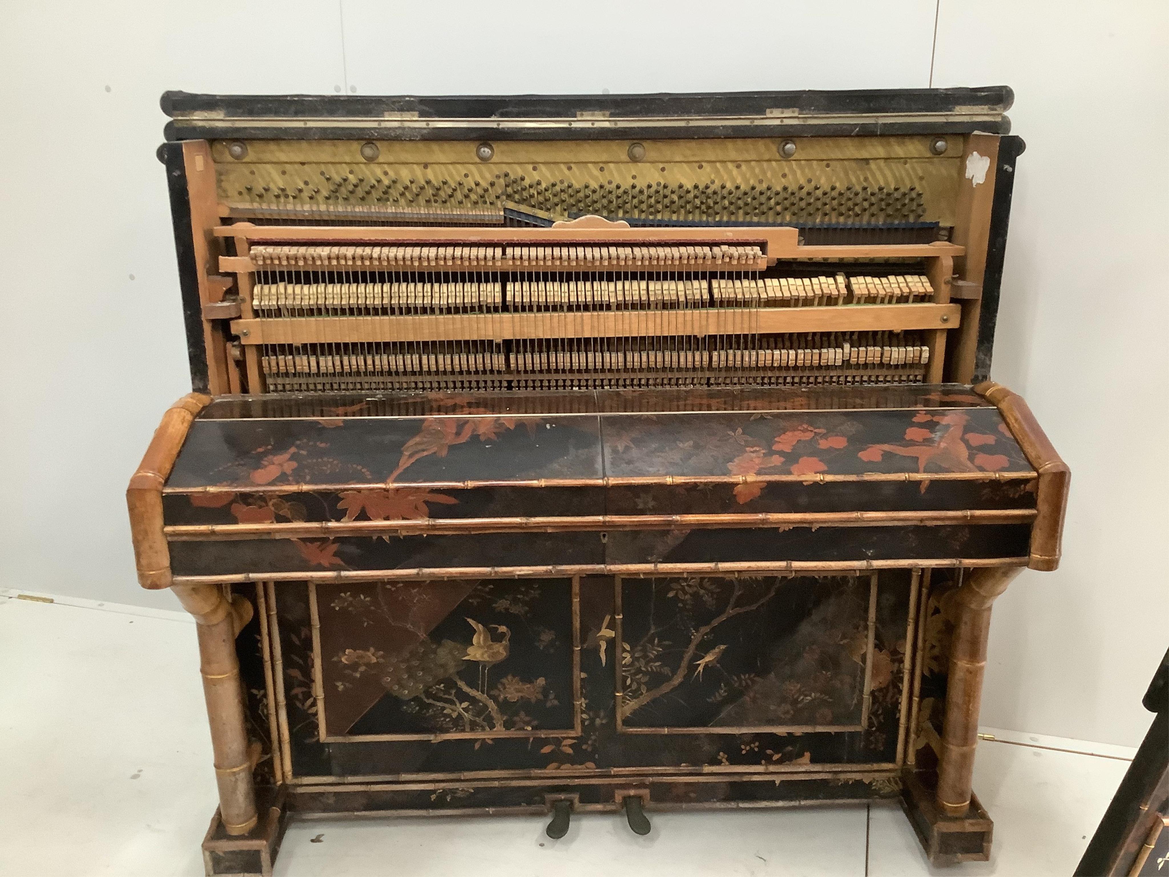 A late Victorian chinoiserie lacquer upright piano with bamboo effect decoration, width 142cm, height 129cm together with a matching stool. CITES Submission reference R2GP9JYE. Condition - fair